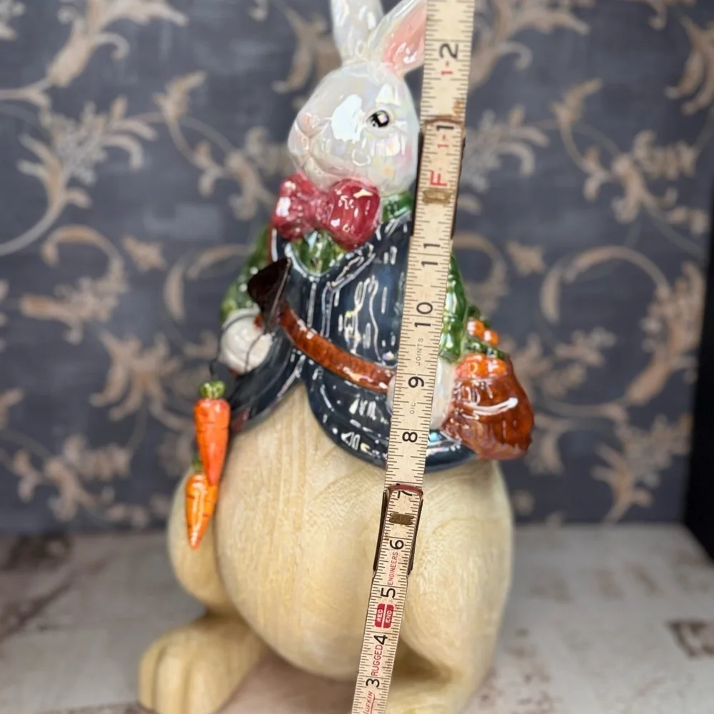 Vintage Style Ceramic Easter Bunny Figurine Gentleman Rabbit w/ Carrot Satchel